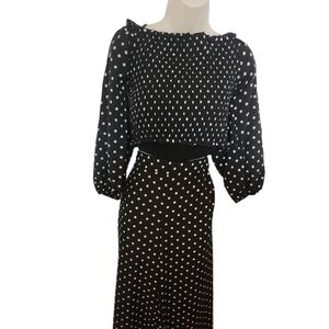 POLKA-DOT off THE SHOULDER LANTERN SLEEVE CROP TOP and WIDE LEG PANTS